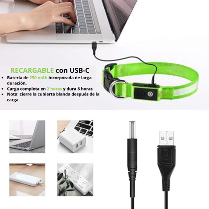 Collar LED recargable USB carga batería 250mAh duración 8 horas